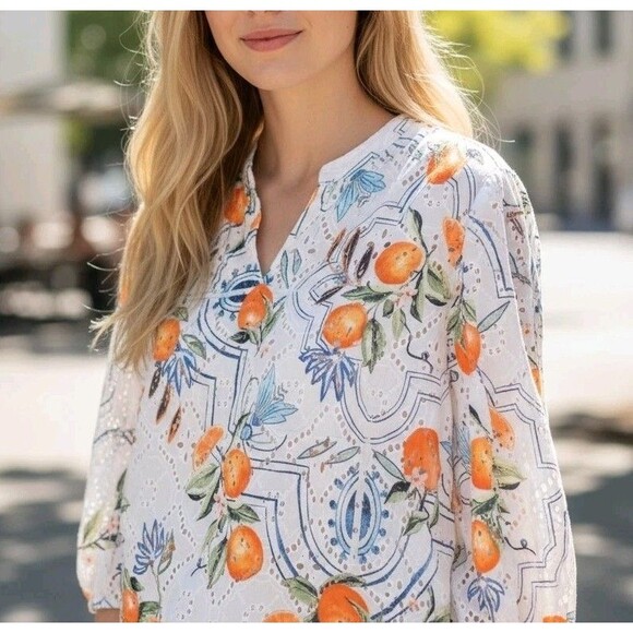 Chico's Tops - Chico's 3 Womens Tropical Citrus Orange Print Eyelet 3/4 Balloon Sleeve Top XL